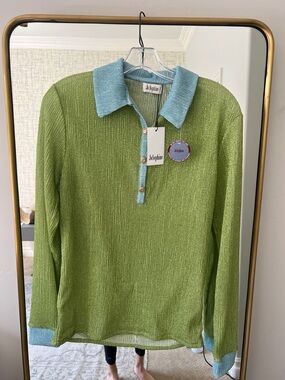 JoSephine Two-Tone Green and Light Blue Ribbed Polo Sparkle top